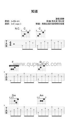 郭静《知道》吉他谱(降D调,简单,弹唱版)