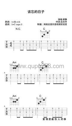 郭静《该忘的日子》吉他谱(降E调,简单,弹唱版)