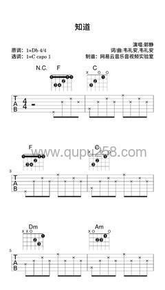 郭静《知道》吉他谱(降D调,简单,弹唱版)