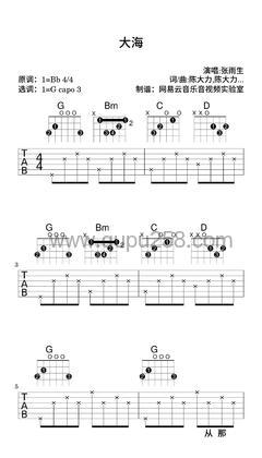 张雨生《大海》吉他谱(降B调,简单,弹唱版)