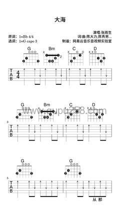 张雨生《大海》吉他谱(降B调,简单,弹唱版)