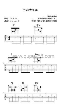 任贤齐《伤心太平洋》吉他谱(降D调,简单,弹唱版)