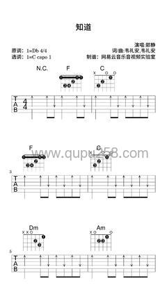 郭静《知道》吉他谱(降D调,简单,弹唱版)