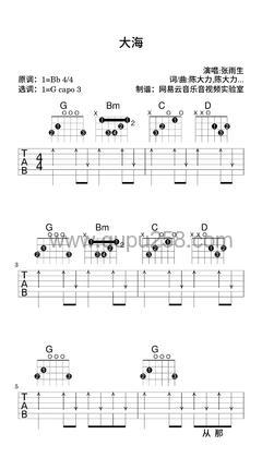 张雨生《大海》吉他谱(降B调,简单,弹唱版)